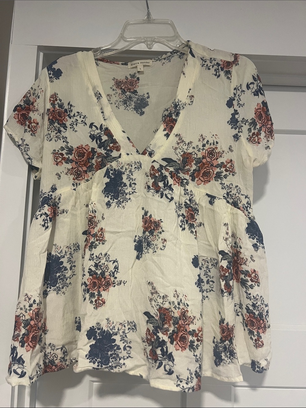 Stevie Hender Cream Floral V-Neck Peplum Top with Blue & Rust Roses